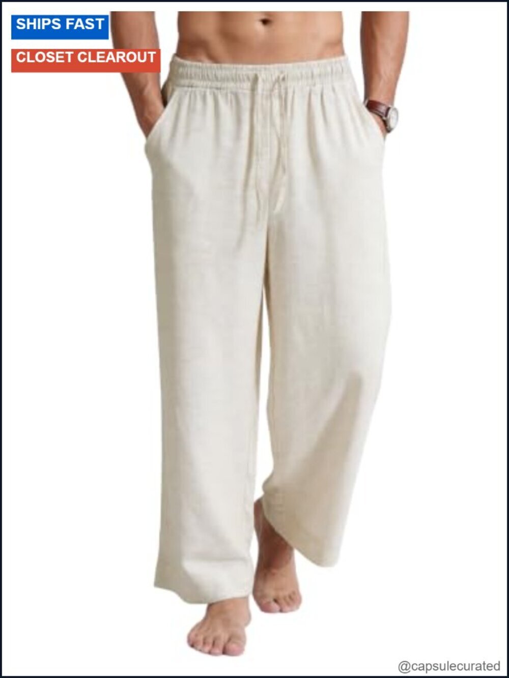 Mens Casual Linen Pants Baggy Loose Fit Elastic Waist Drawstring Straight Wide